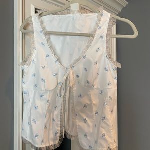 White and blue floral flower tie up top